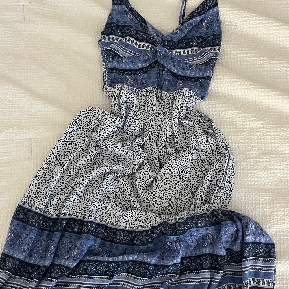 Blue and White Patterned Maxi Dress